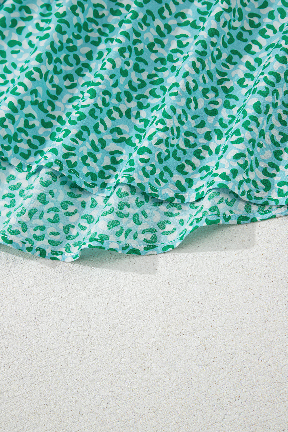 Green Notched V Neck Leopard Ruffle Short Sleeve Blouse