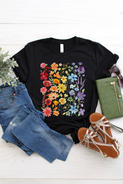 Black Beautiful Flower Print Cotton Blend Casual Tee