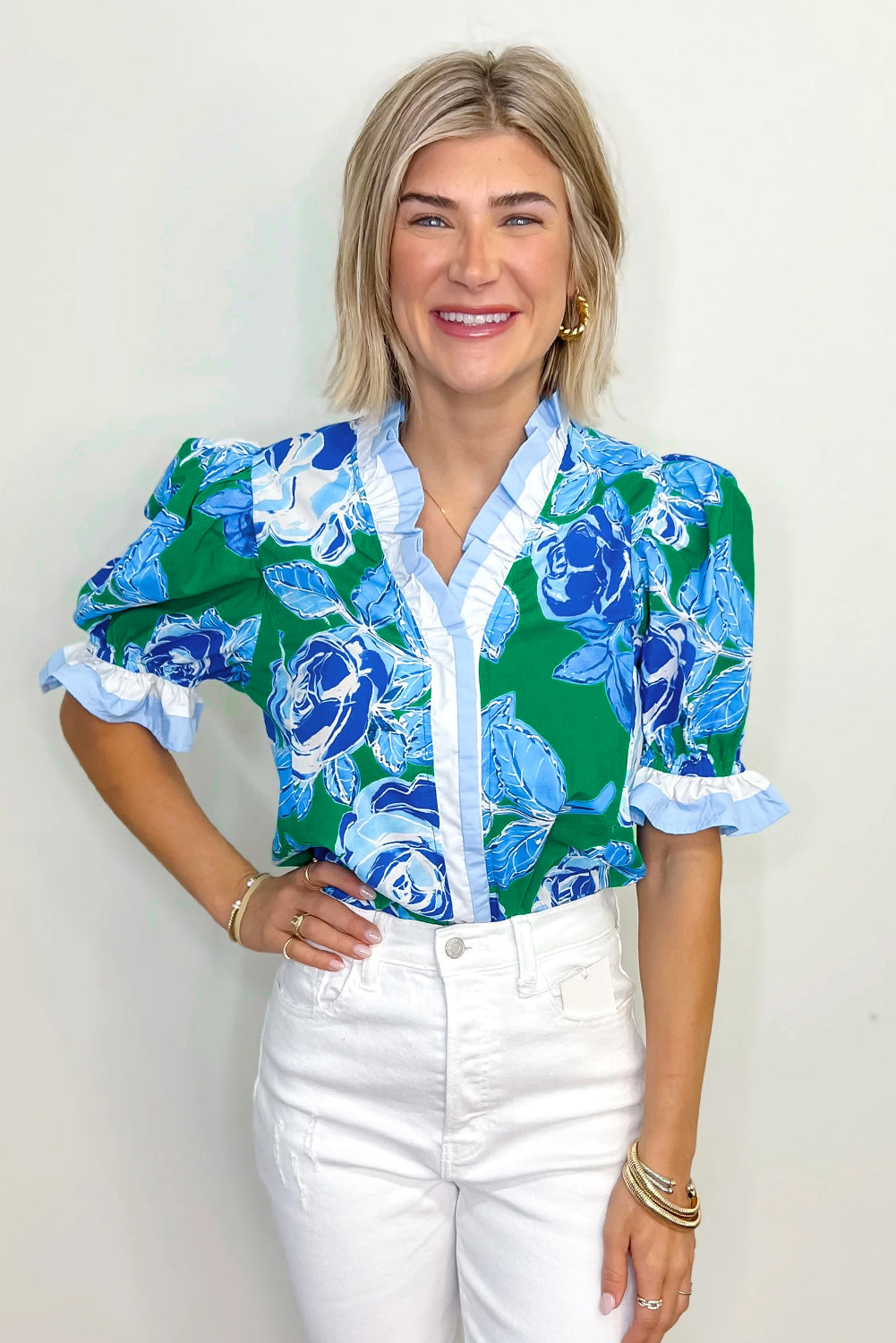 Rose Floral Frilled V Neck Short Sleeve Blouse Top