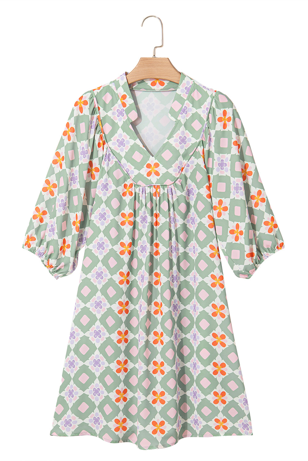 Green Geometric Floral Print Layered Flutter Sleeve V Neck Ric Rac Trim Blouse