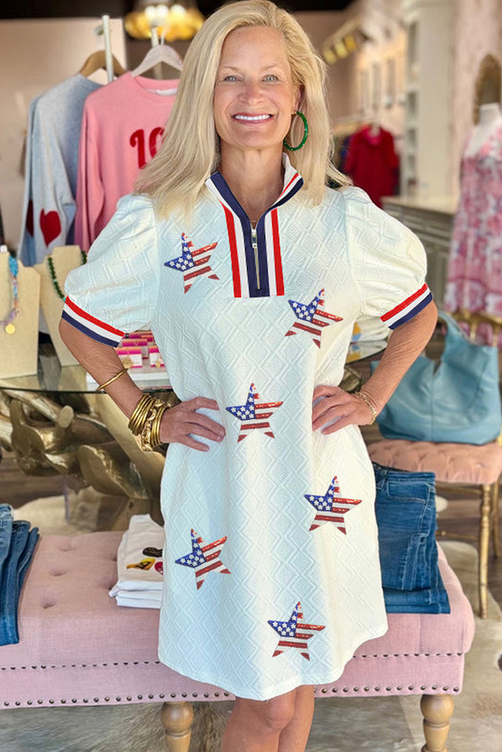 White Textured Jacquard Colorblock Edge Puff Sleeve Quarter Zip Mini Dress
