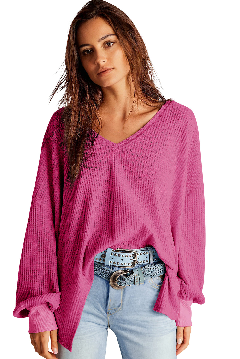 Light Pink Waffle V Neck Long Sleeve Drop Shoulder Loose Blouse