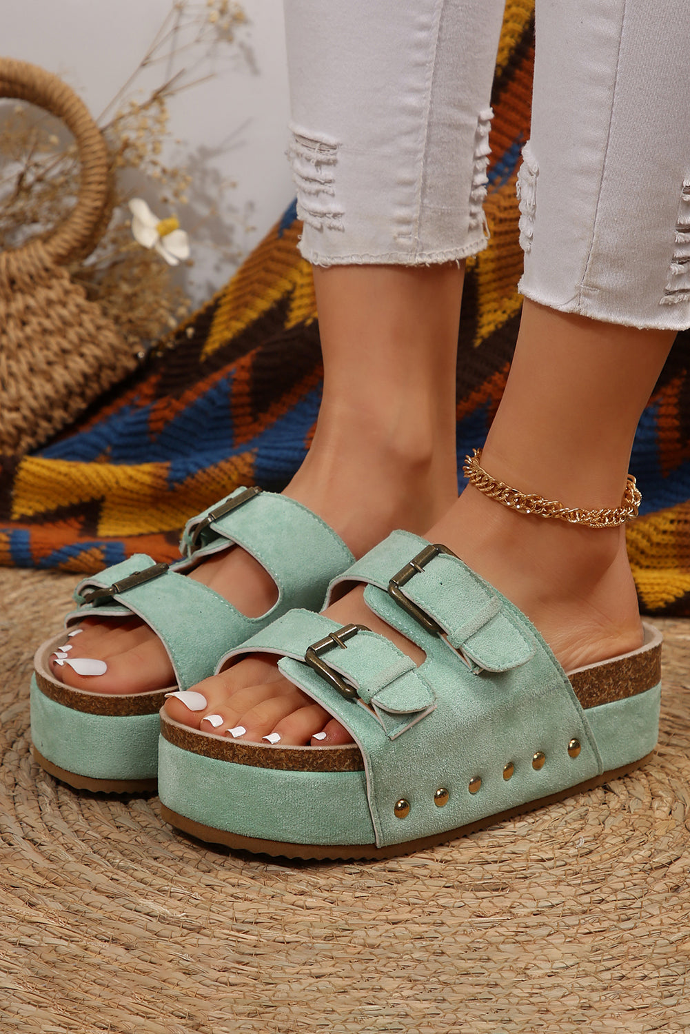 Chestnut Suede Buckle Decor Footbed Sandal Slippers