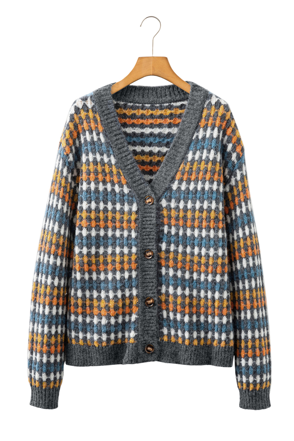Gray Dotty Pattern Knit Button Front V Neck Sweater Cardigan