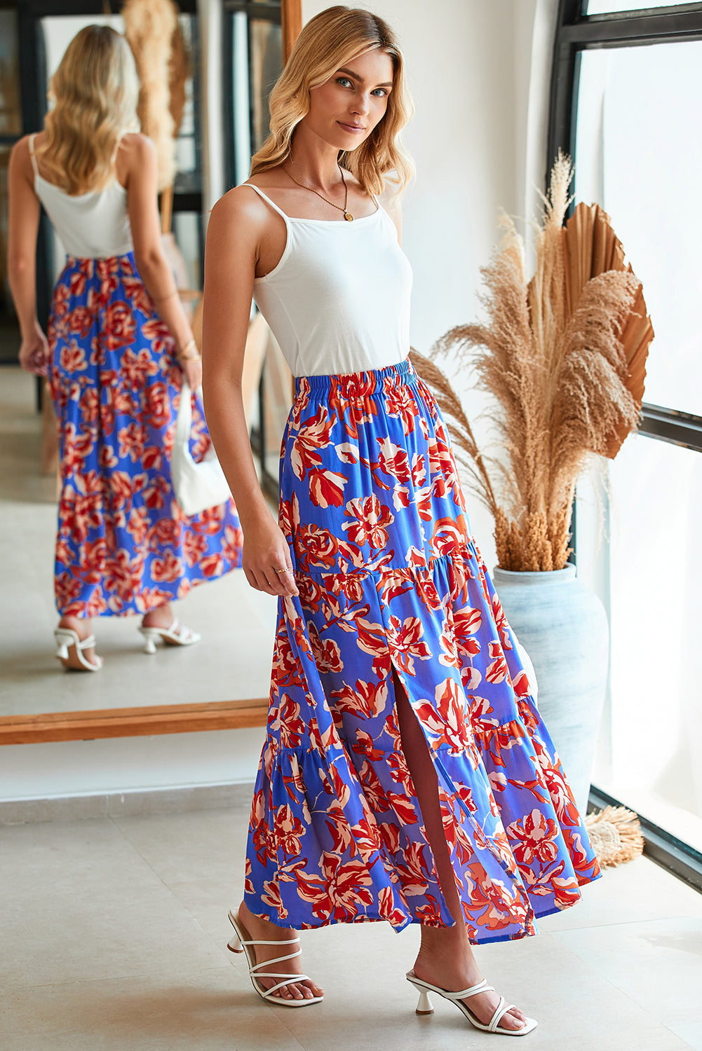 Orange Bohemian Floral Print Tiered Maxi Skirt with Split