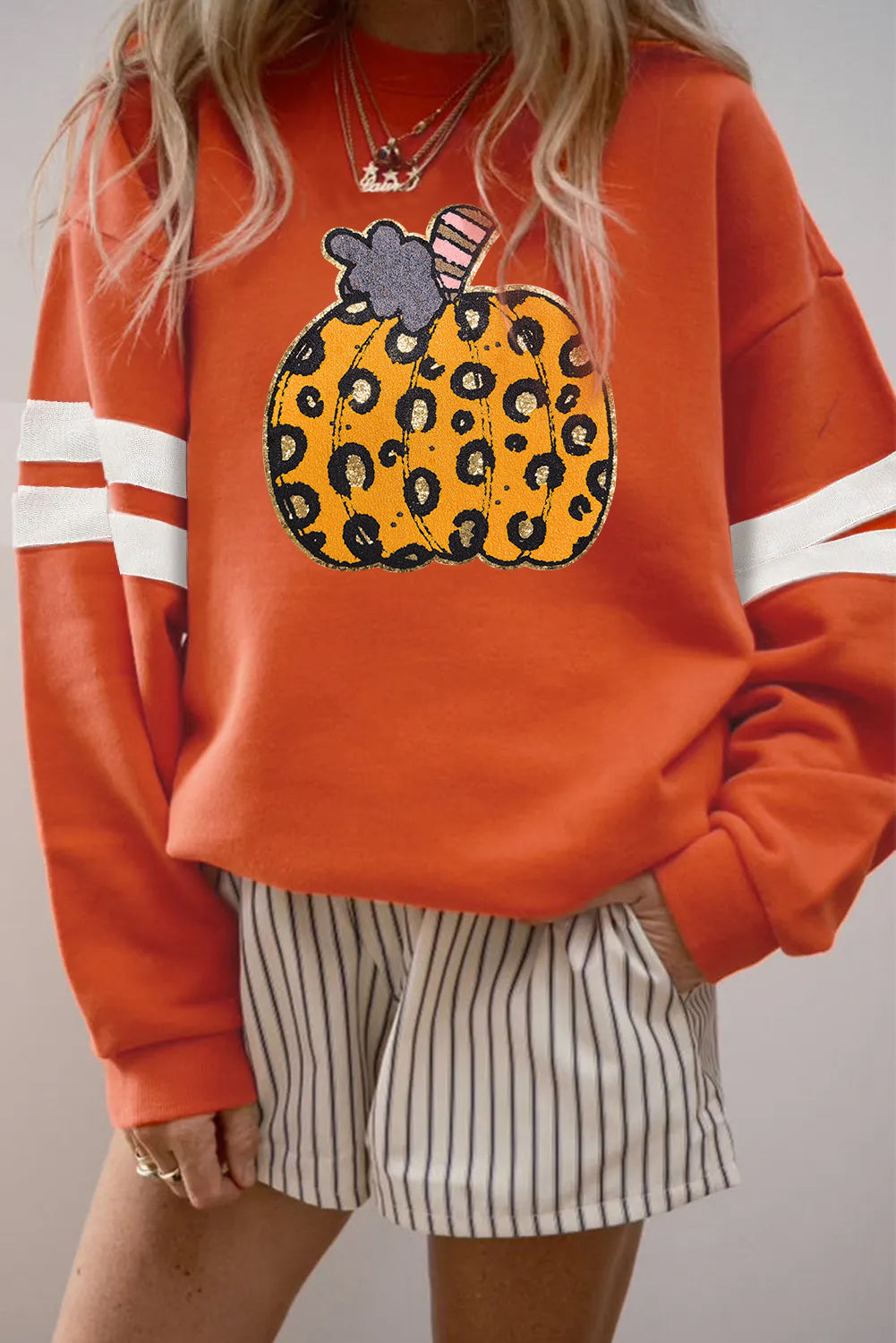 Black Halloween Pumpkin Face Sequin Patched Oversize Varsity Sweatshirt