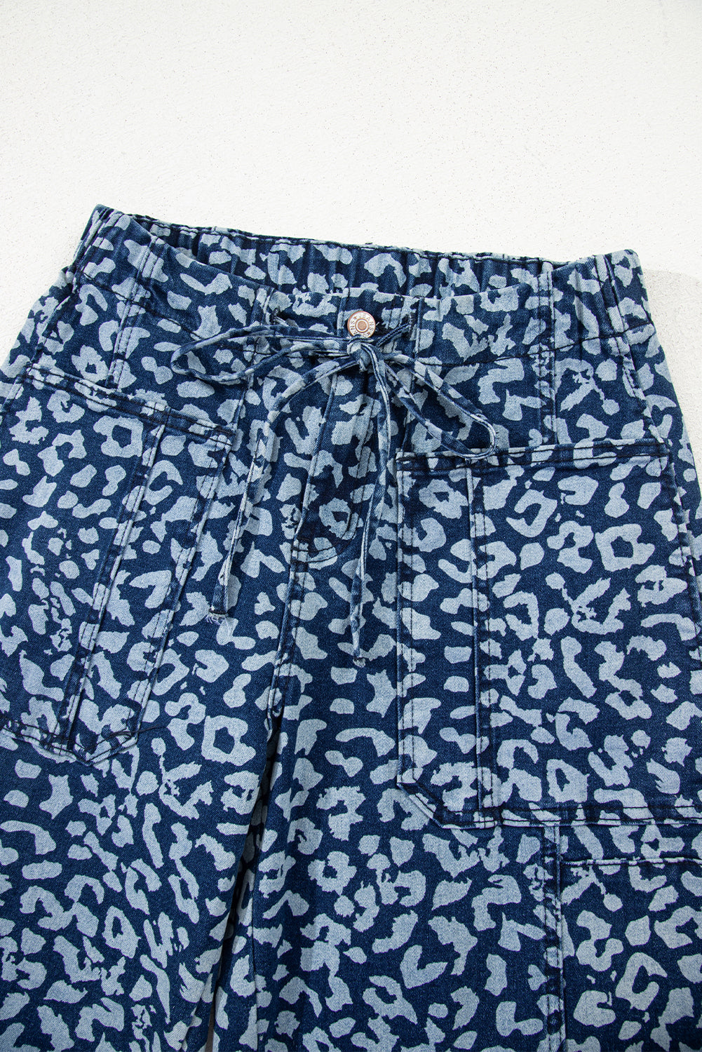 Khaki Leopard Printed Drawstring Elastic Waistband Pocketed Wide Leg Jeans