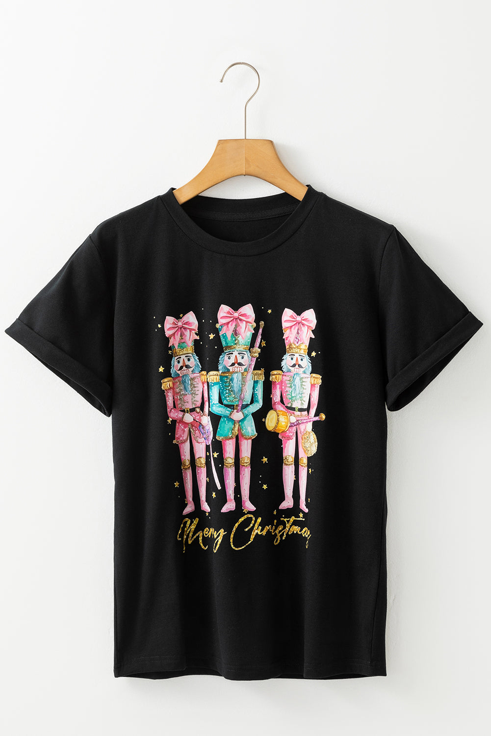 Black Nutcracker Merry Christmas Printed Crewneck T Shirt
