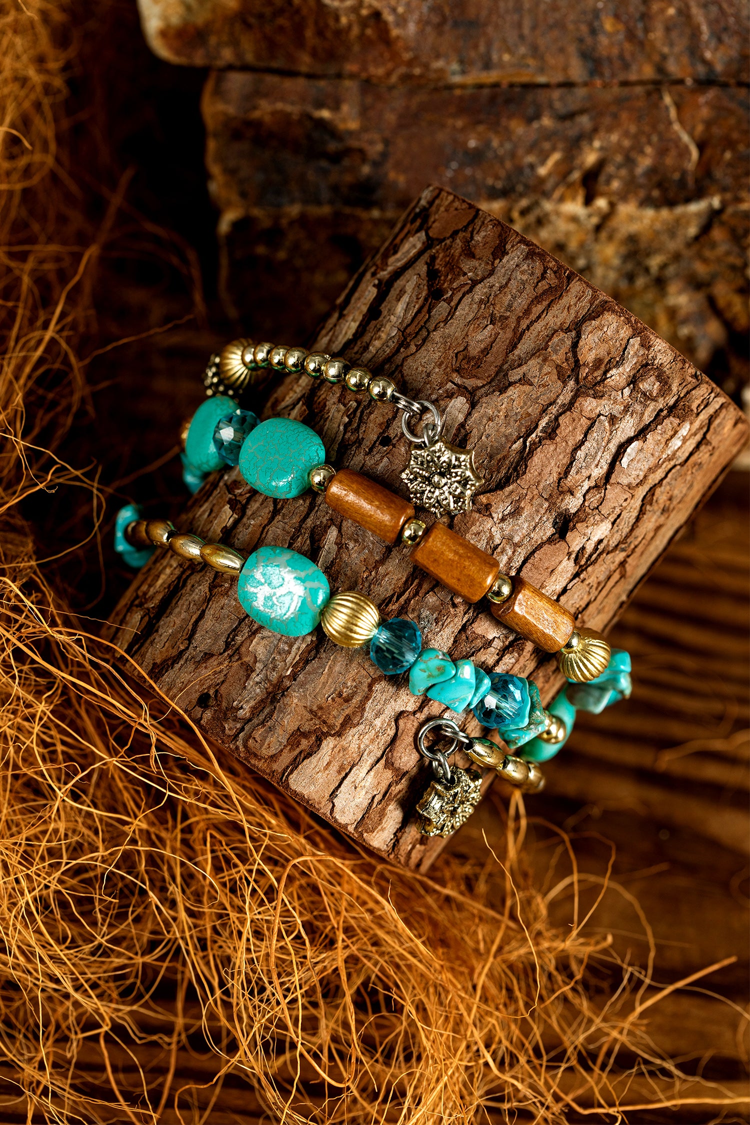 Turquoise Bohemian Style Crystal Stone Plated Bead Multi-Layer Winding Bracelet
