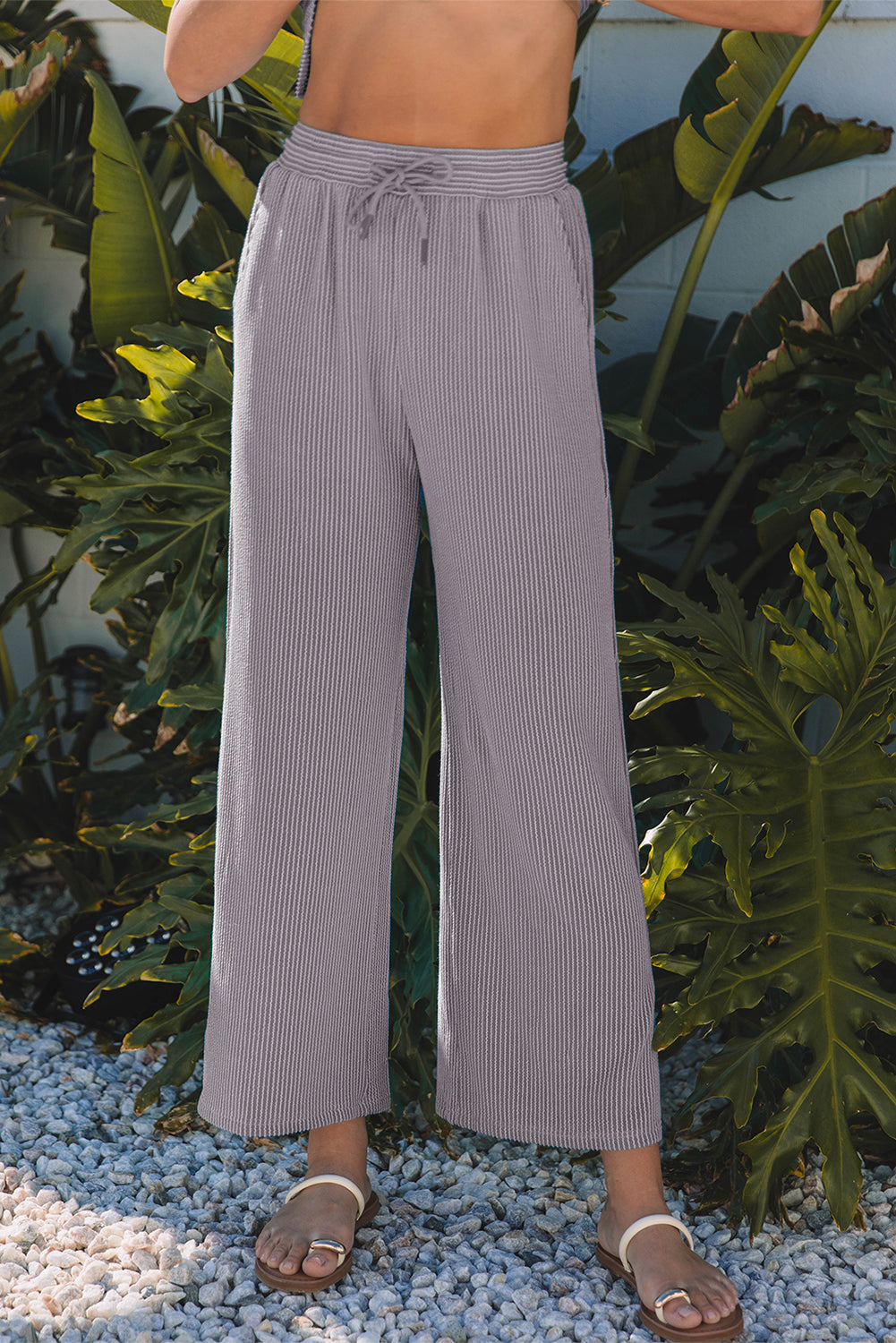 Blue Solid Corded Knit Short Sleeve T Shirt and Wide Leg Pants Set
