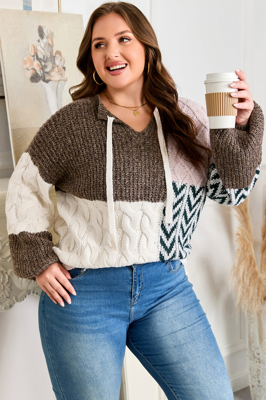 Brown Color Block Patchwork Knotted Back Loose Fit Sweater