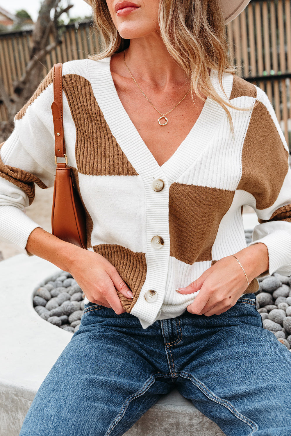 Khaki Checkered Ribbed Texture Knit Plus Size Cardigan Sweater