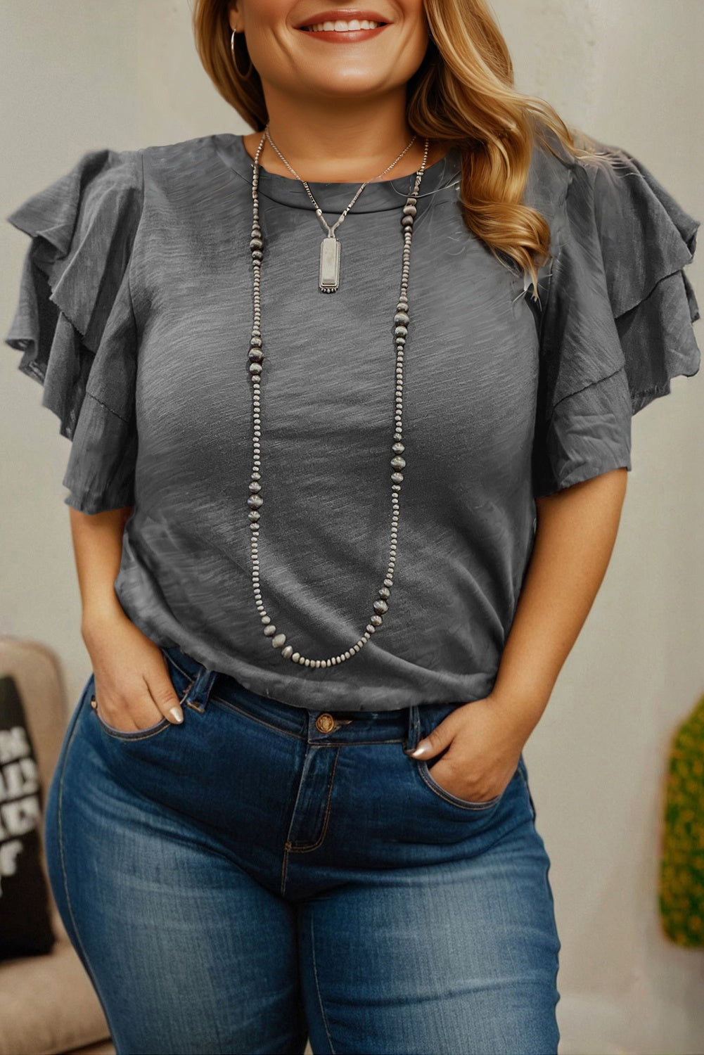 Dark Grey Layered Ruffle Short Sleeve Round Neck Top