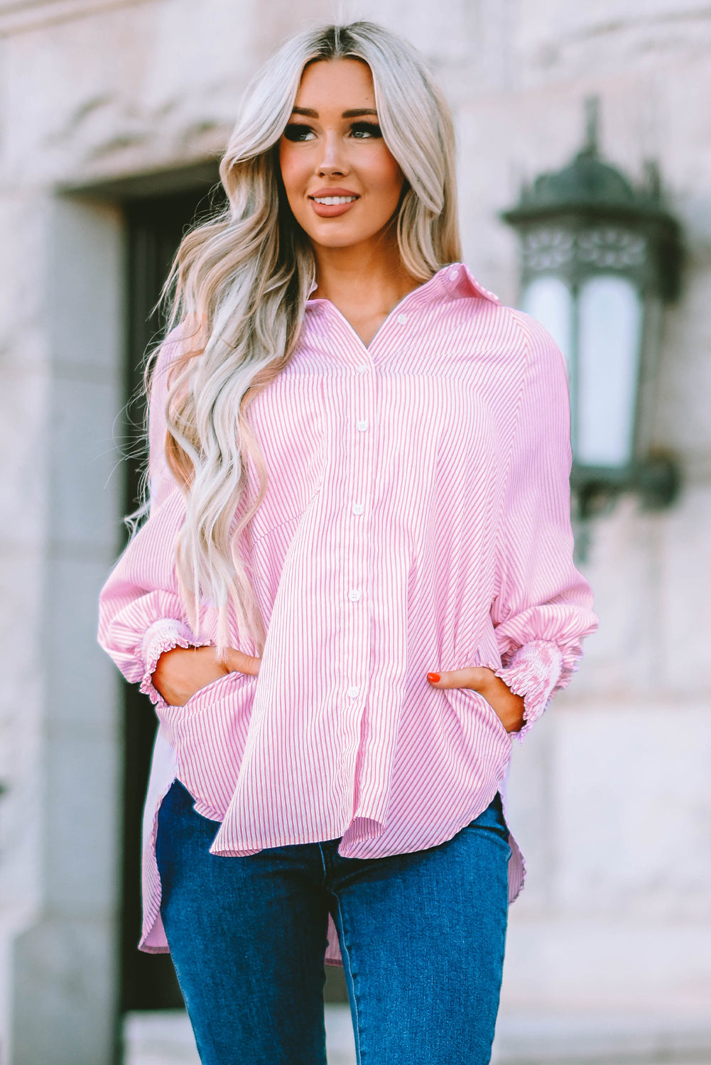 Red Stripe Smocked Cuffed Striped Boyfriend Shirt with Pocket