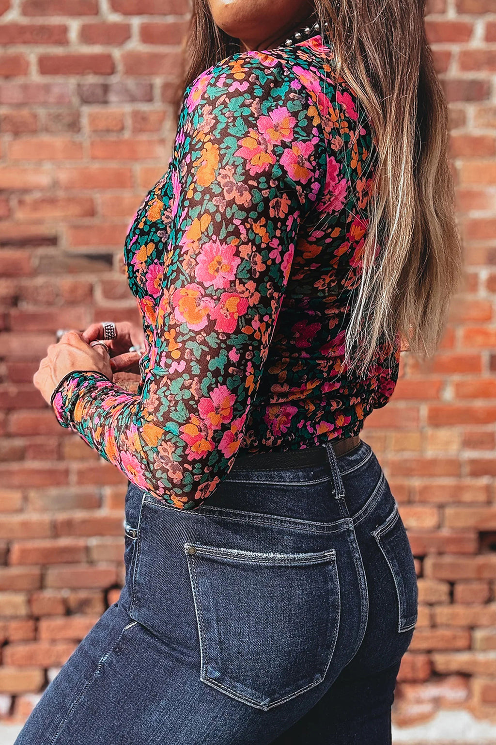 Rose Retro Floral Printed Mesh Short Sleeve Top