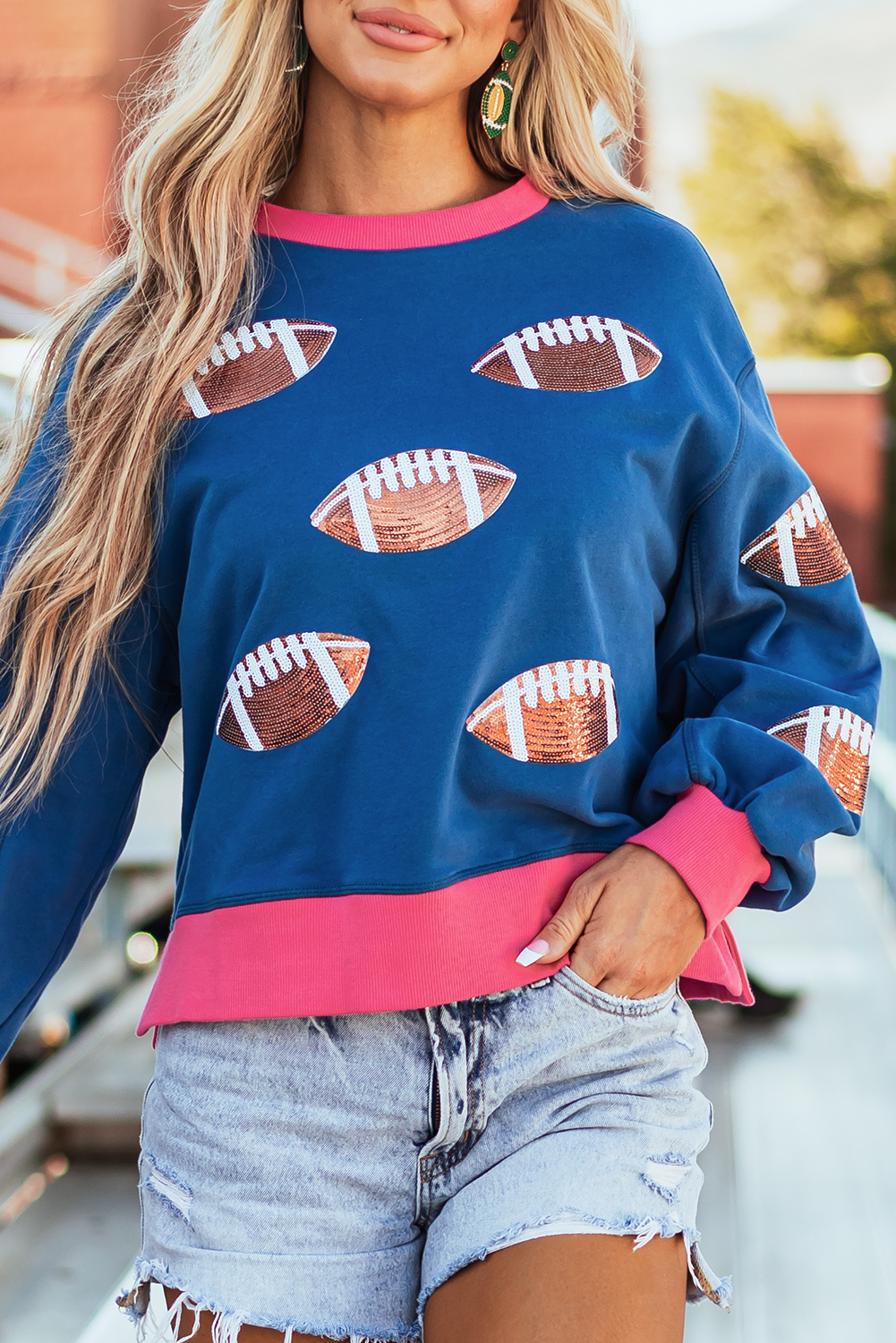 Blue Colorblock Bubble Sleeve Sweatshirt
