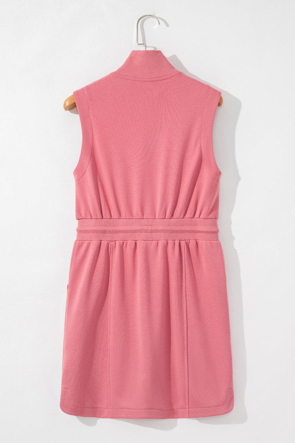 Black French Terry Zipped Collar Sleeveless Drawstring Waist Mini Dress