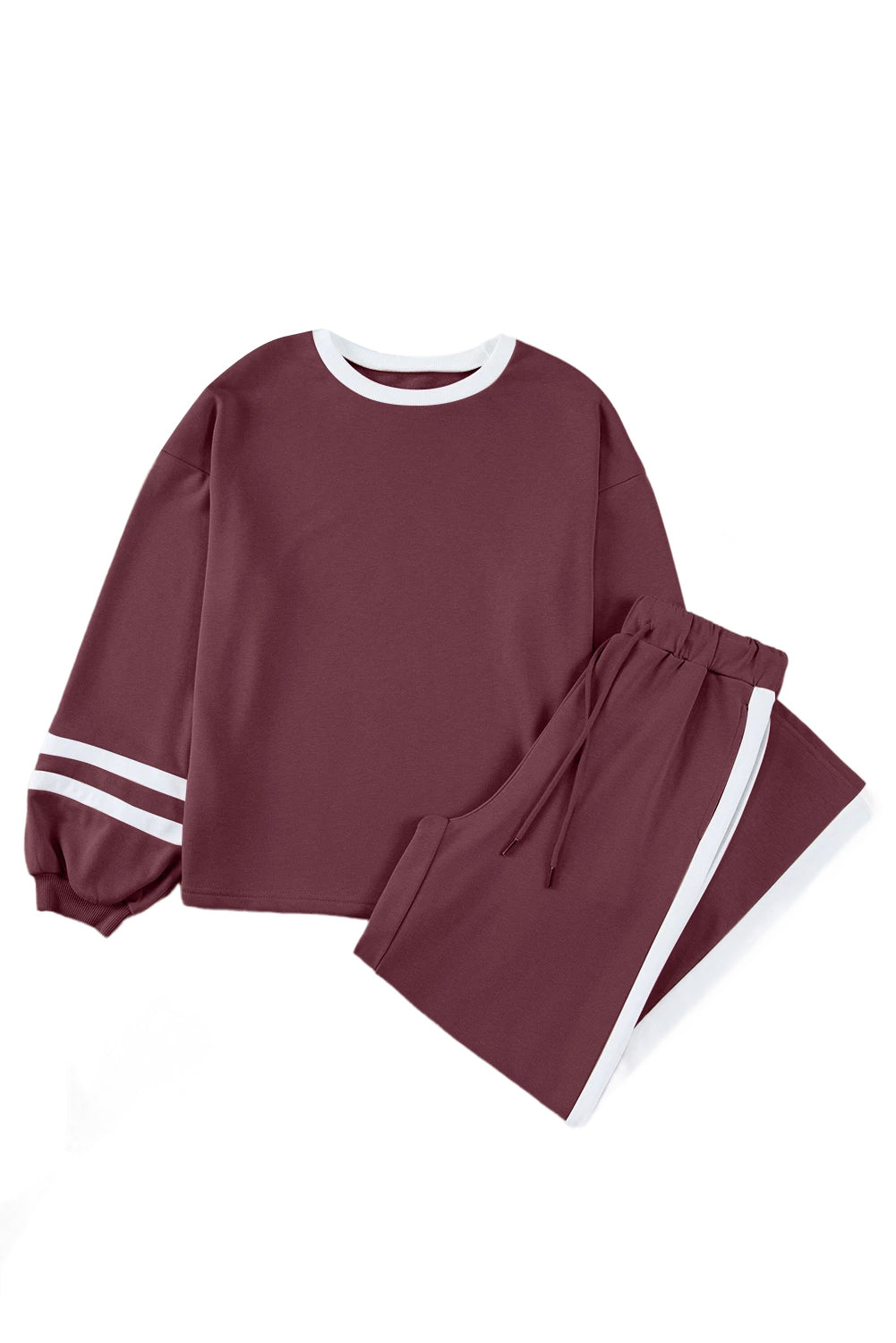 Gray Varsity Stripe Patchwork Puff Sleeve Pullover Drawstring Wide Leg Pant Set