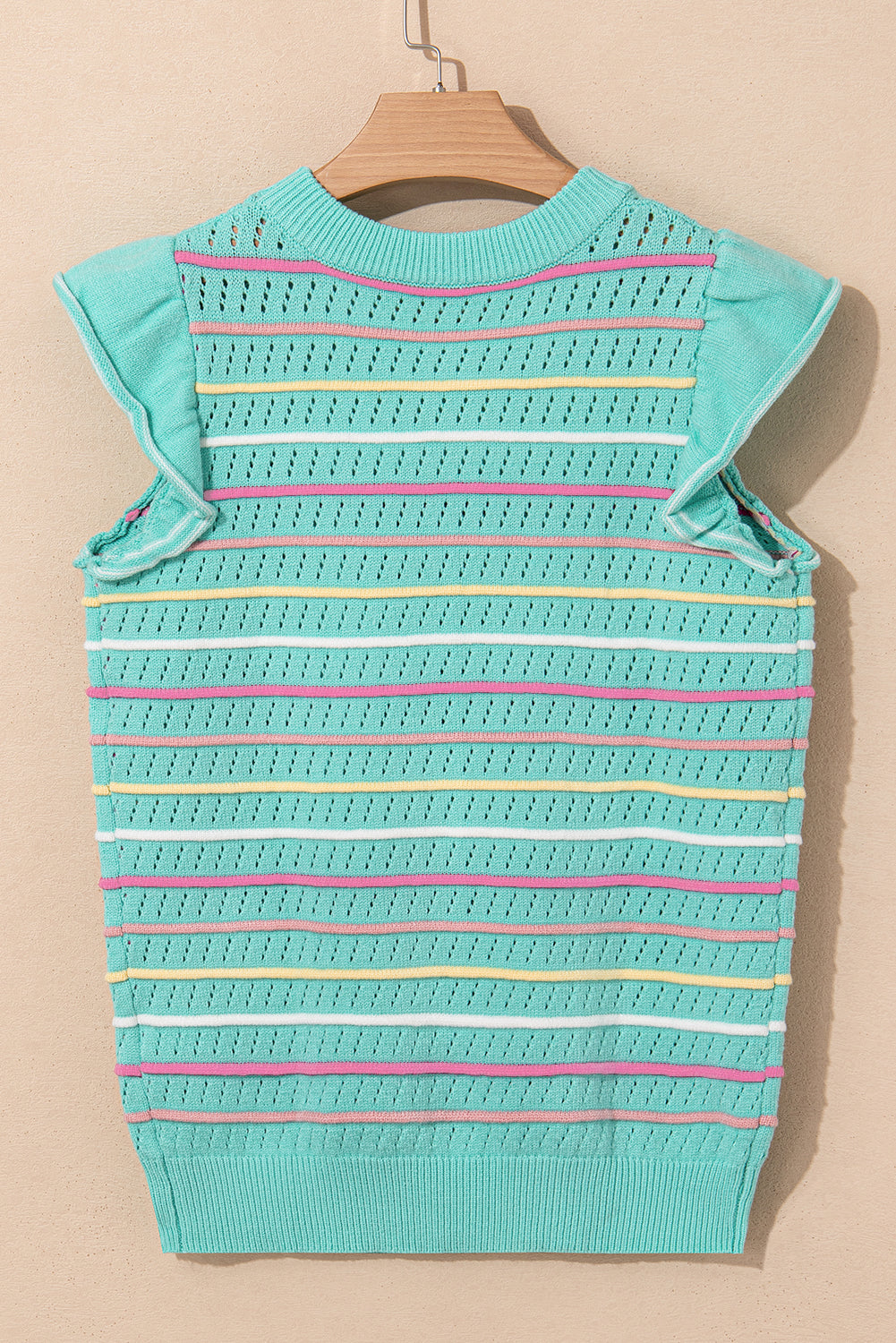 Oatmeal Colorful Striped Eyelet Knit Ruffled Sleeve Sweater T Shirt
