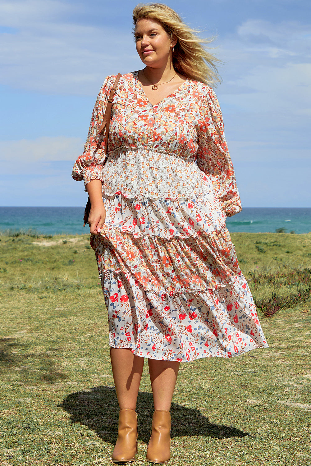 Khaki Floral Print Ruffled Tiered Long Sleeve V Neck Midi Dress