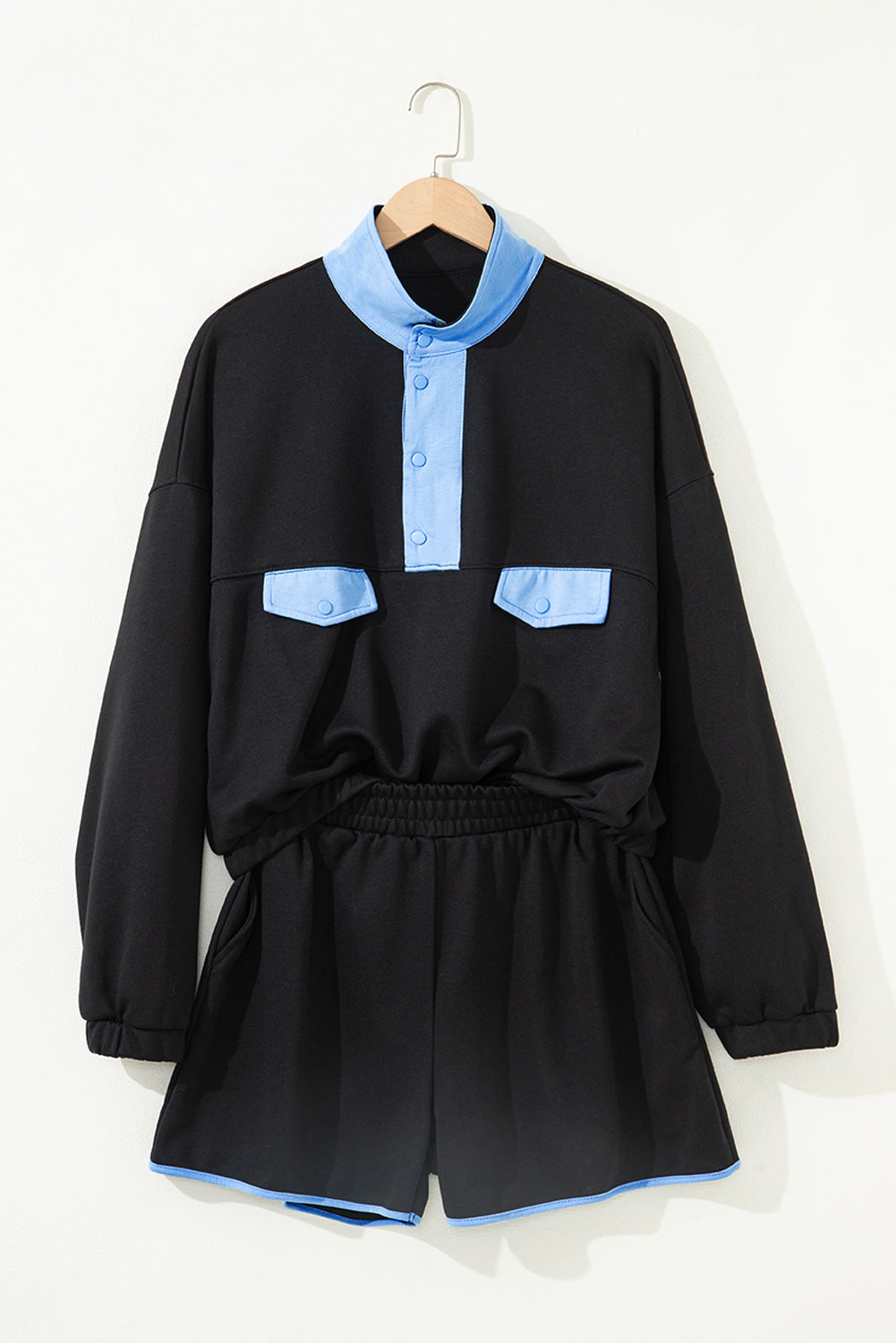 Red Dahlia Color Block Patchwork Half Button Pullover and Shorts 2pcs Outfit