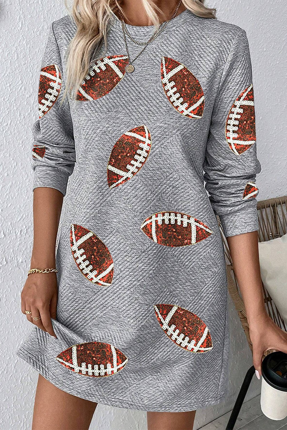 Gray Solid Color Textured Long Sleeve Shift Dress