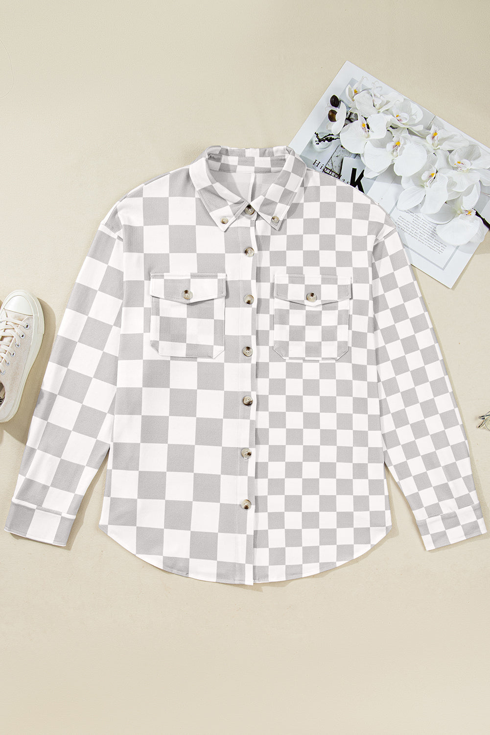 Khaki Checkerboard Flap Pocket Button Front Shacket
