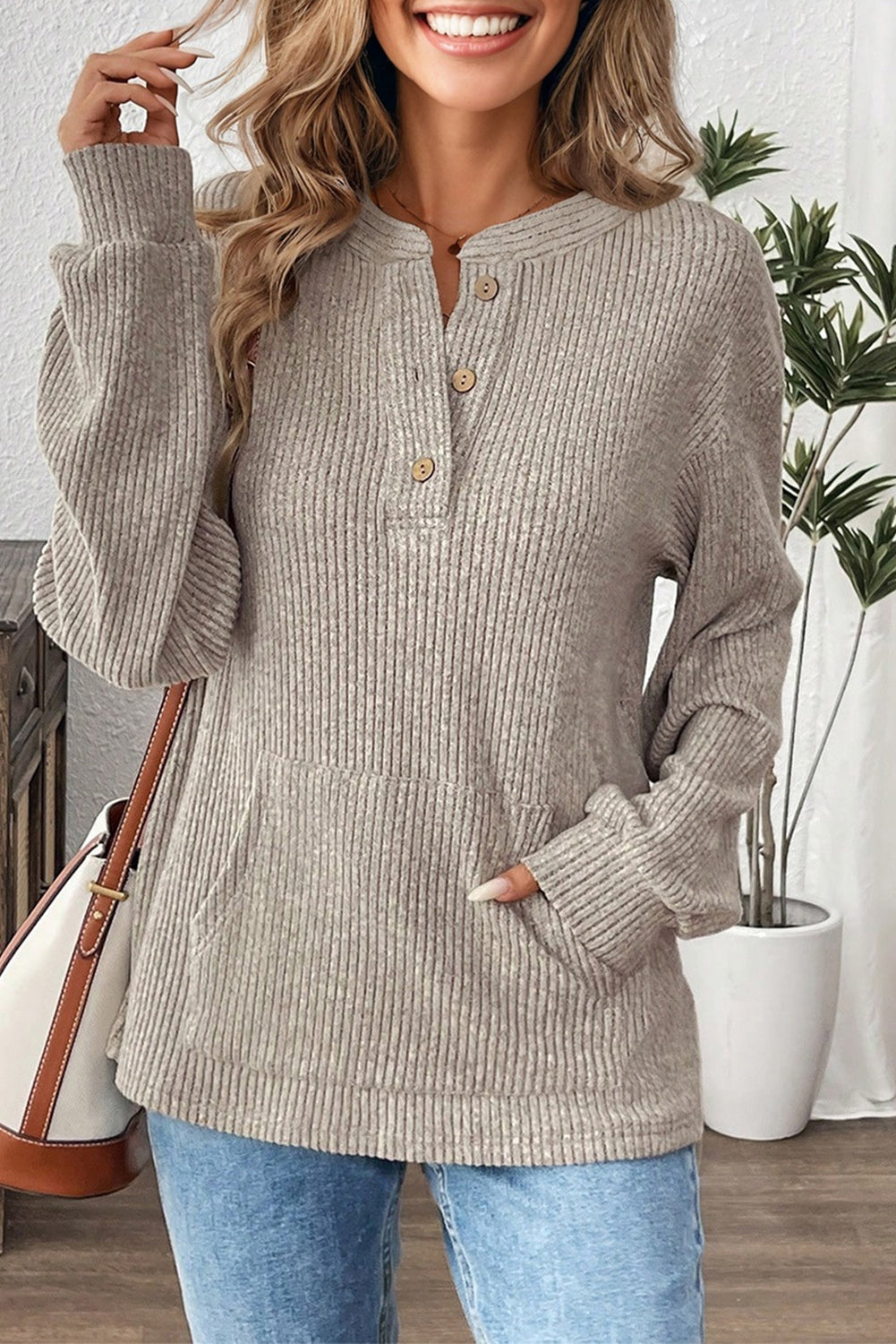 Simply Taupe Plus Size Ribbed Knit Kangaroo Pocket Henley Long Sleeve Top