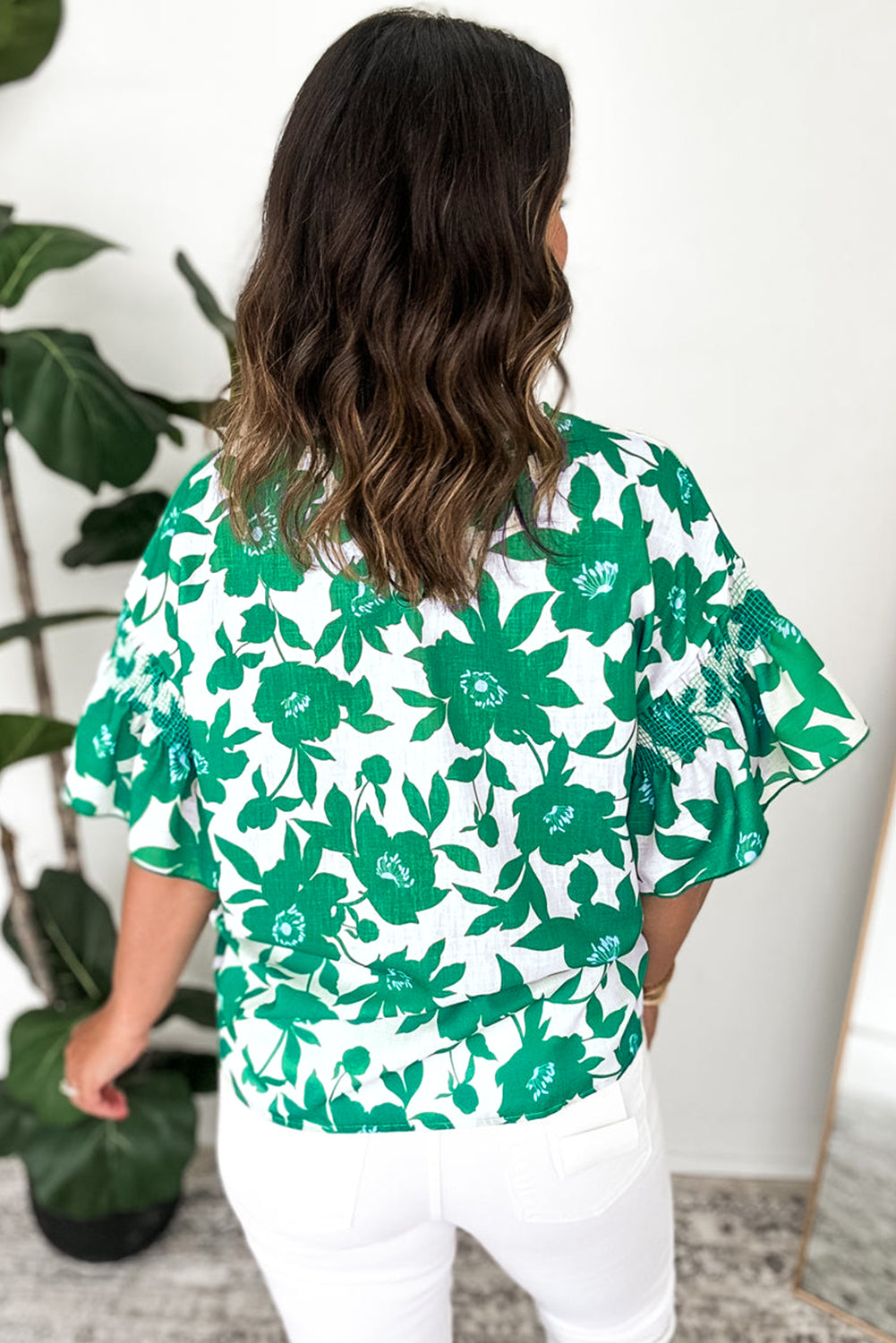 Pink Floral Printed Ruffled Short Sleeve Round Neck Loose Blouse