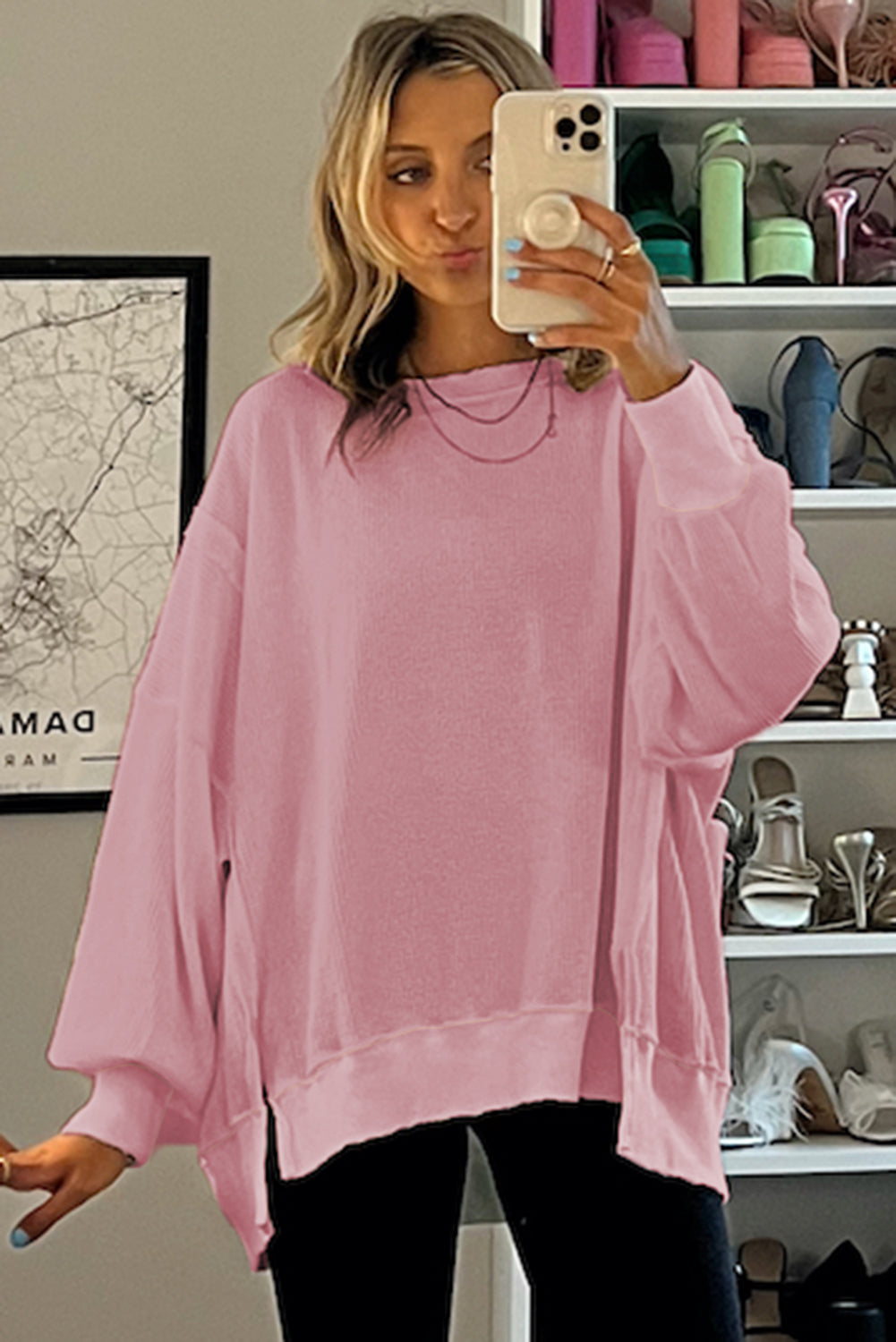 White Waffle knit Bishop Sleeve Split Oversized Top