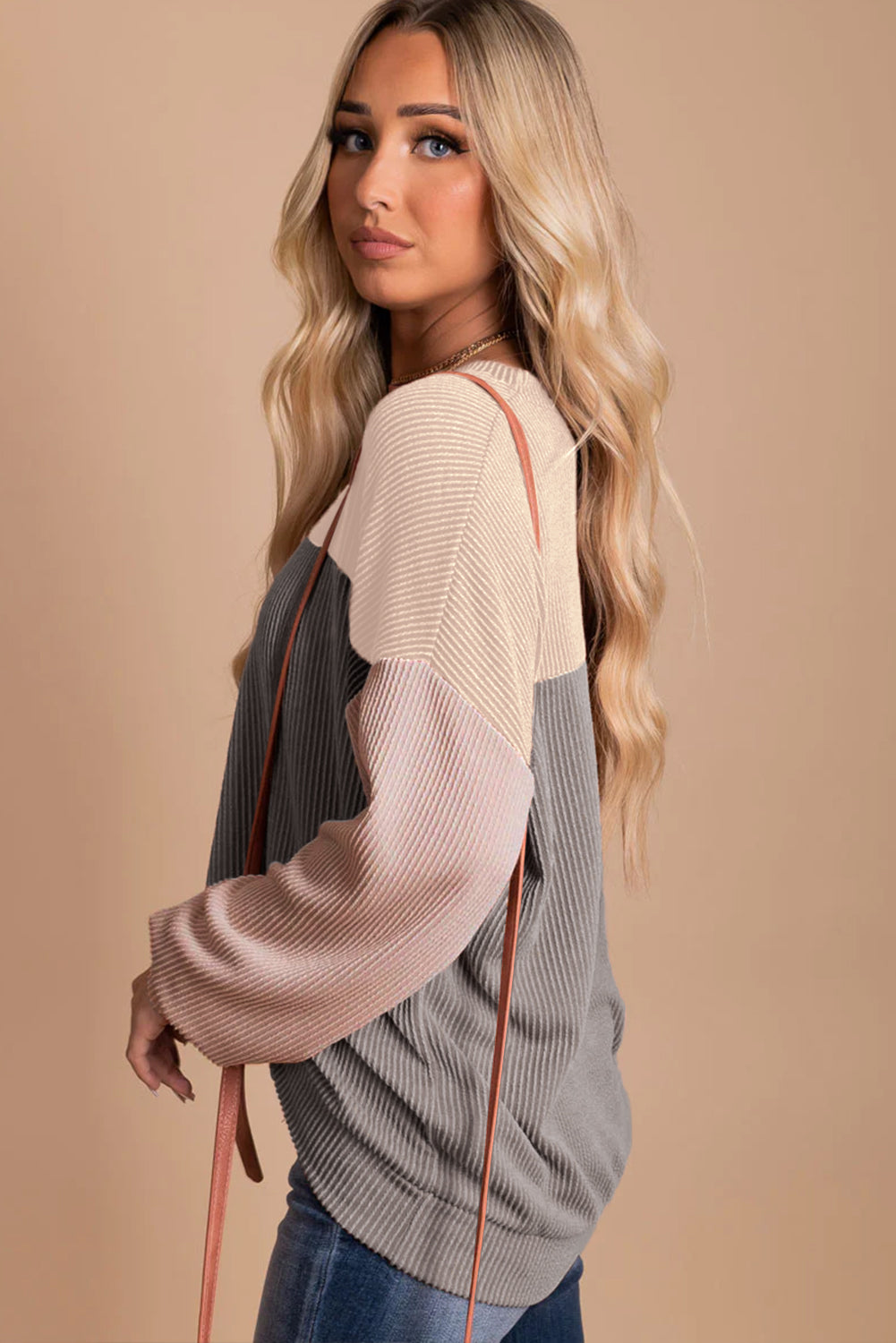 Pale Chestnut Color Block Corded Long Sleeve Top