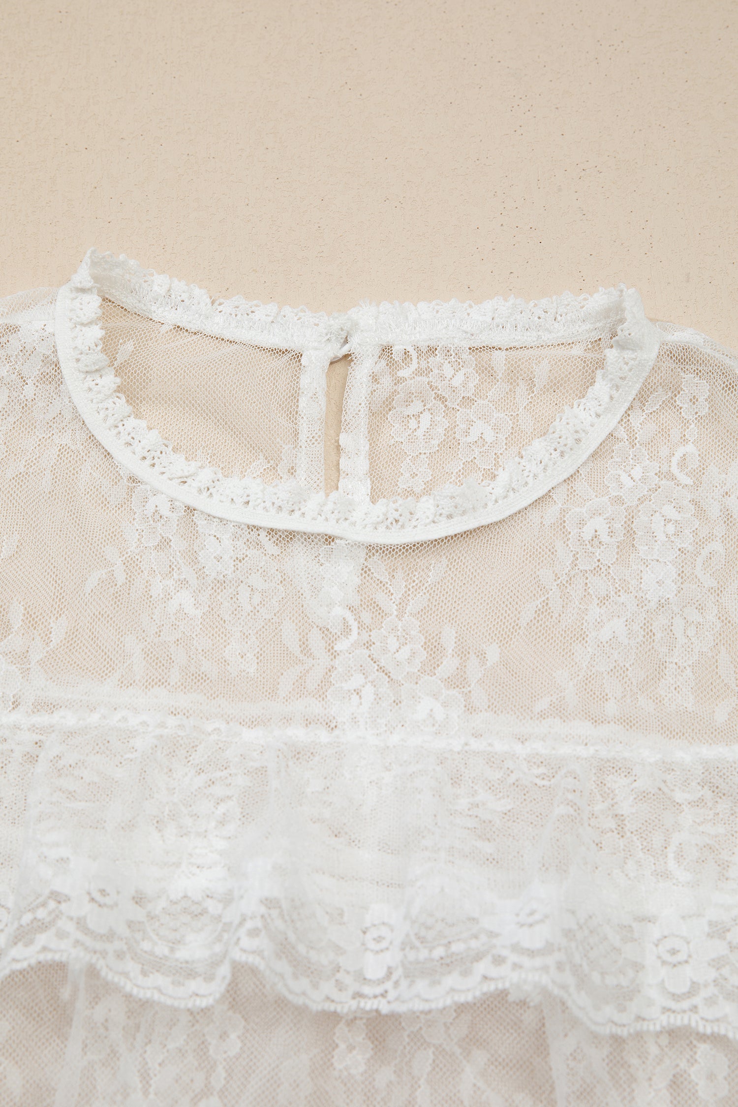 White 2pcs Sheer Floral Lace Ruffle Tiered Patchwork Blouse