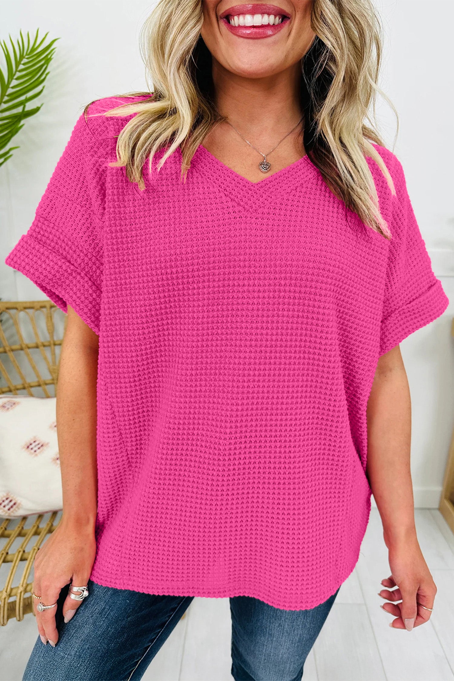 Wisteria Waffle V Neck Short Sleeve Knit Top