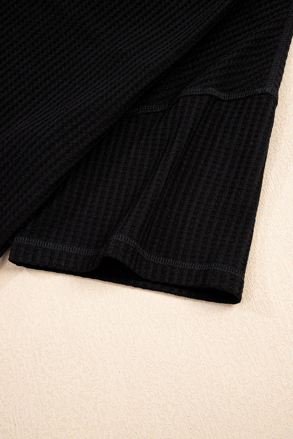 Black Waffle Texture Ribbed V Neck Drop Shoulder Loose Tee