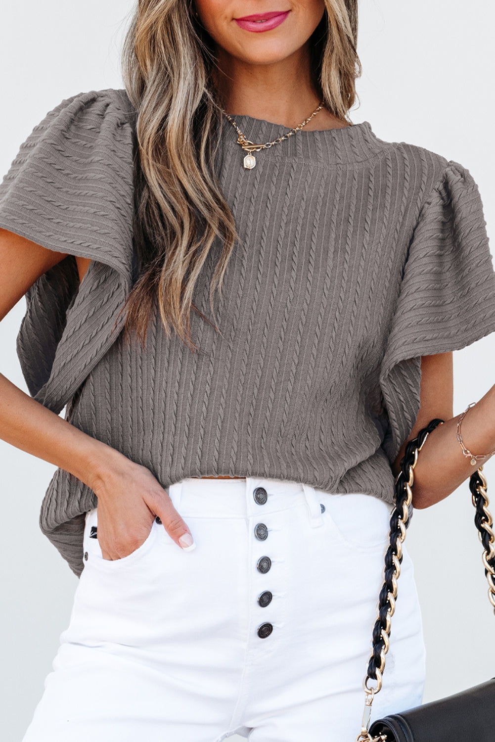 Moonlight Jade Solid Color Textured Flutter Sleeve Top