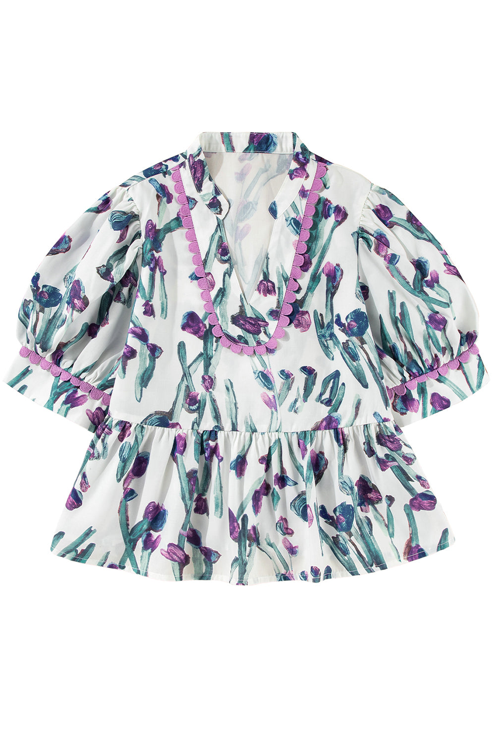 Purple Floral Ricrac Trim Half Sleeve Peplum Top
