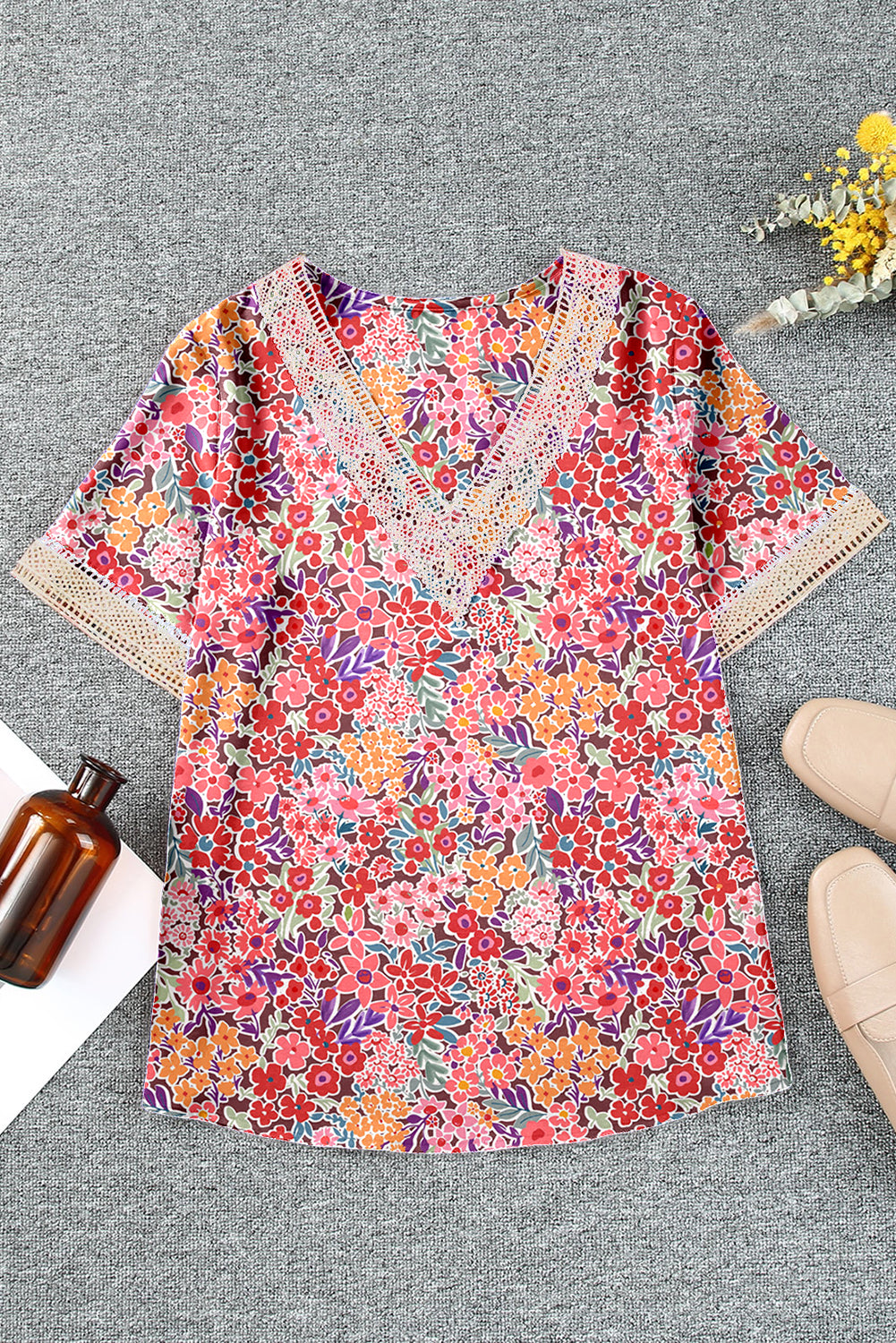 Blue Lace Trim V Neck Short Sleeve Blouse