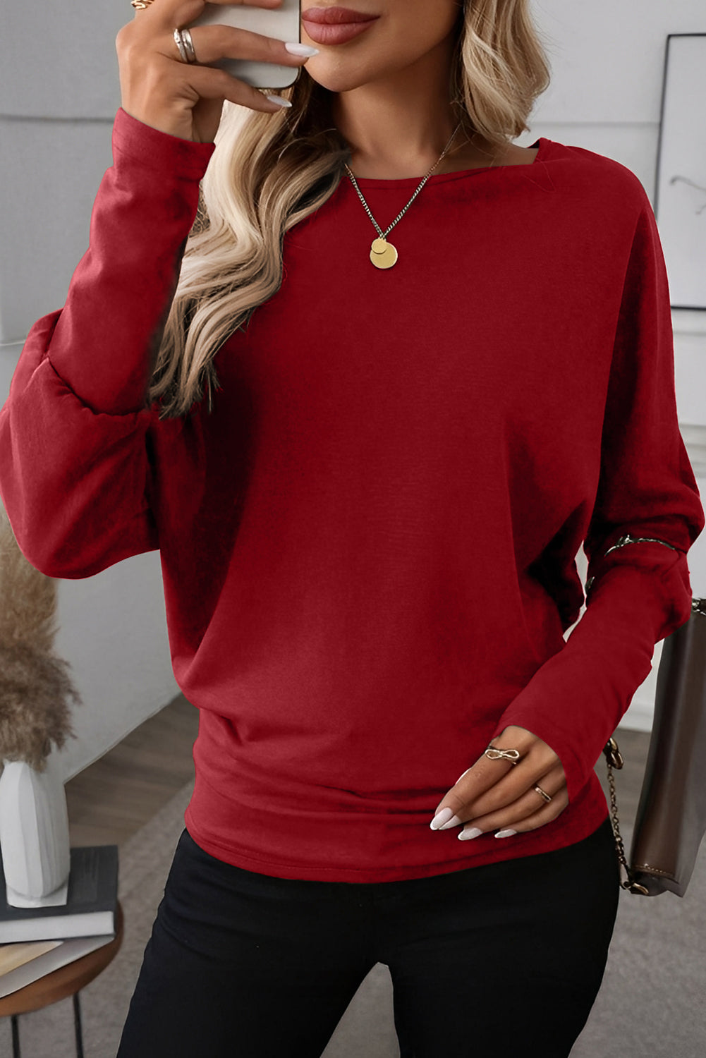 Four Leaf Clover Solid Color Extended Cuffs Long Sleeve Top
