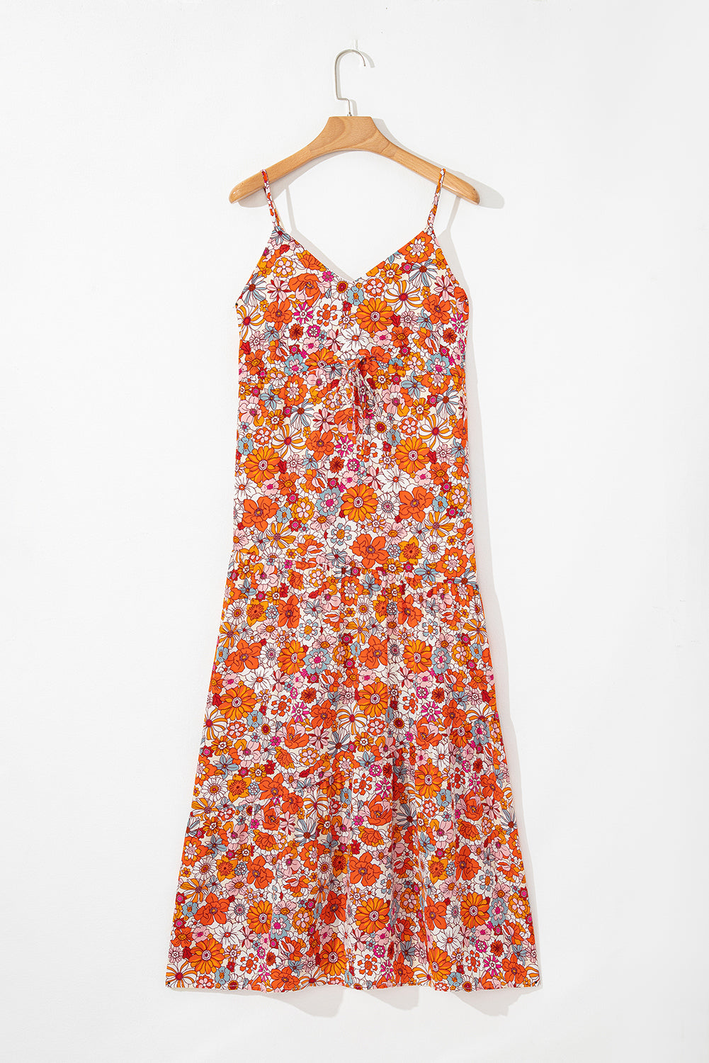 Red Boho Fashion Print Spaghetti Straps Drawstring Maxi Dress