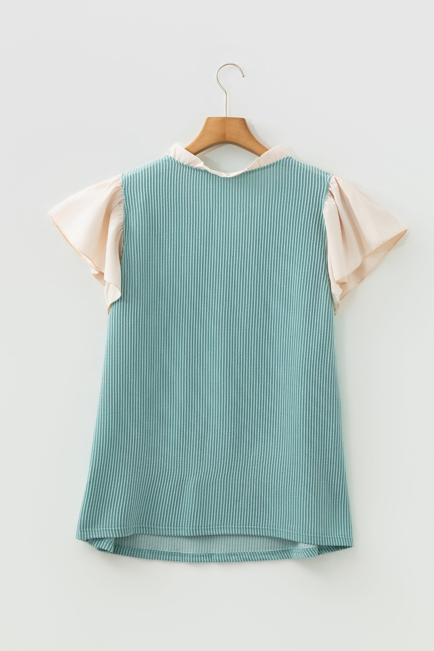 Black Plus Size Contrast Frilled Neckline Ruffled Short Sleeve Ribbed Textured Blouse