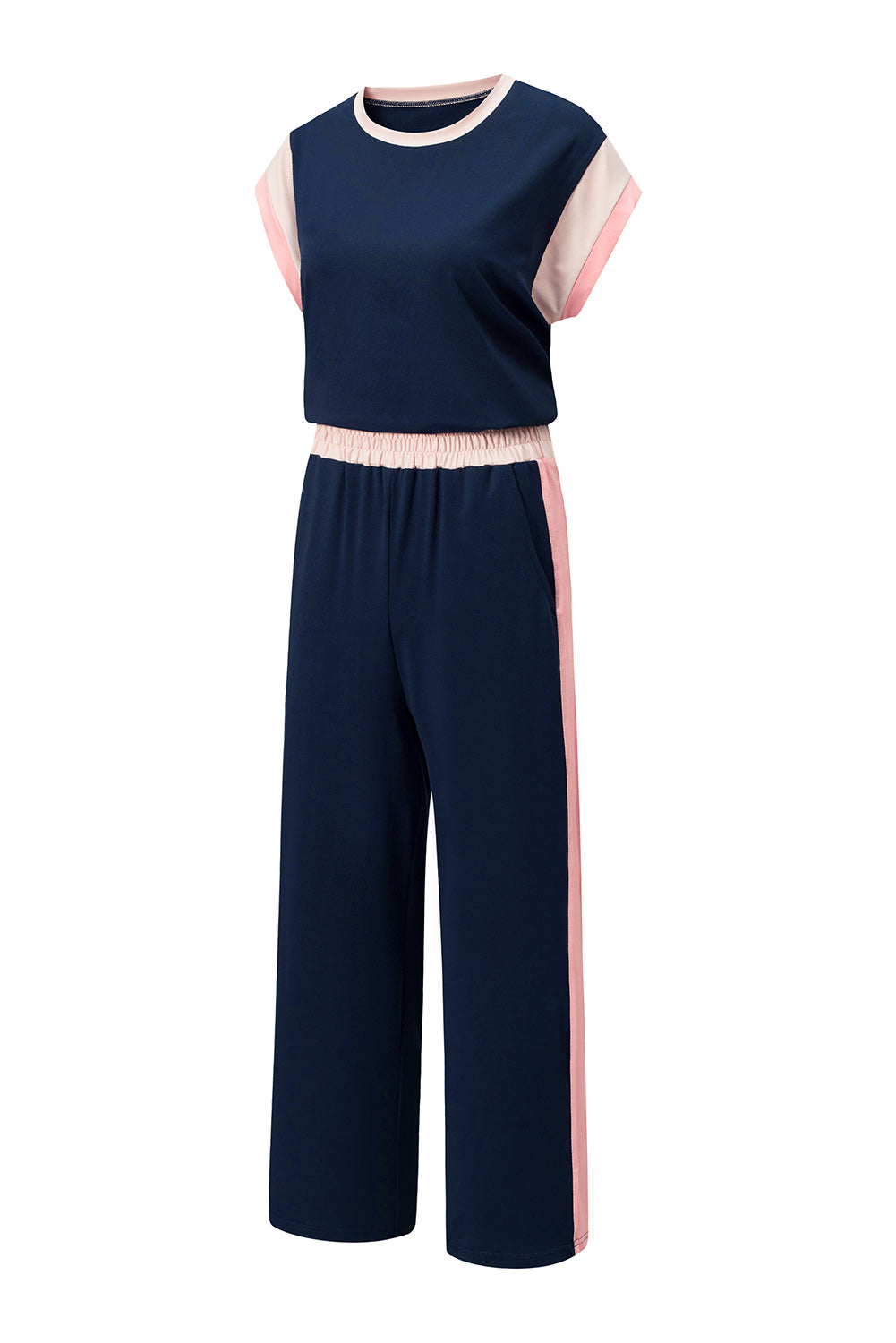 White Color Block Detail Casual Two-piece Set