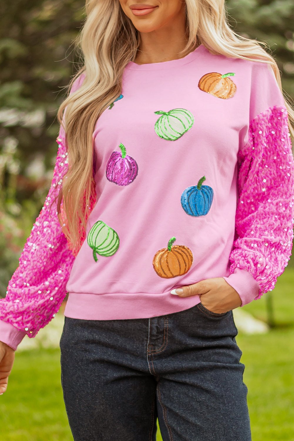 White Colorful Pumpkin Sequin Patched Drop Shoulder Sweatshirt