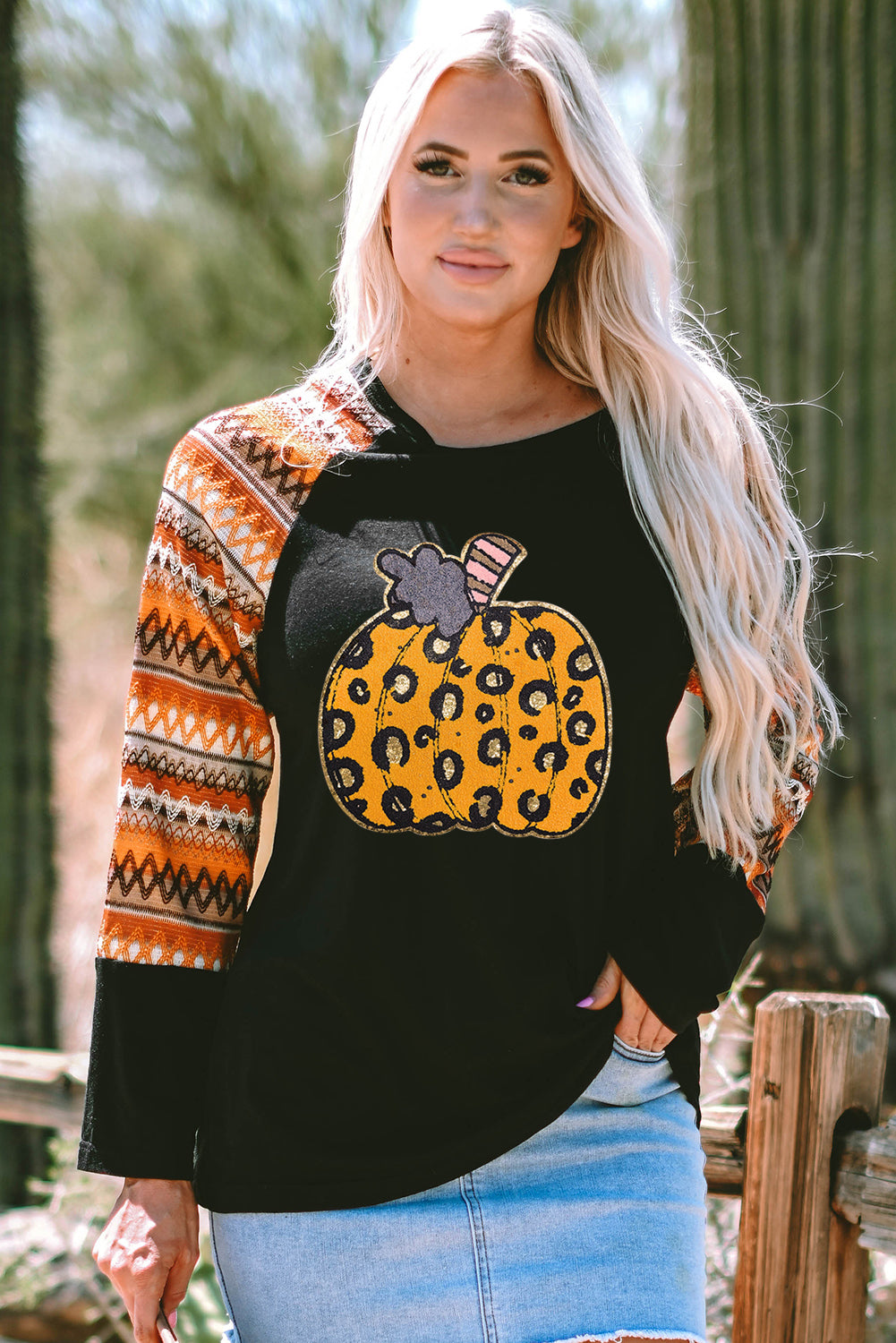 Orange Leopard Pumpkin Patched Contrast Long Sleeve Top