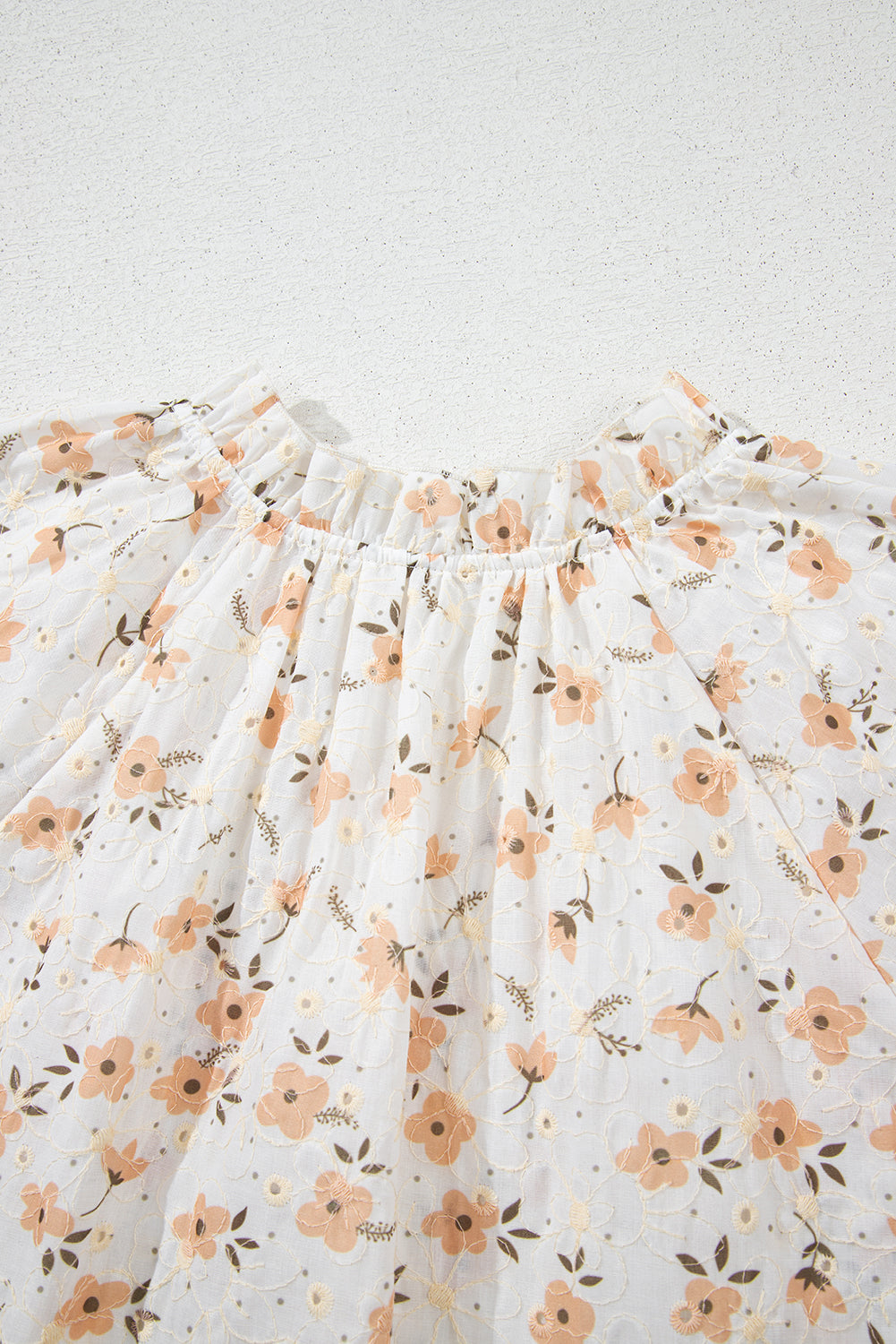 White Floral Eyelet Embroidered Puff Sleeve Notch V Neck Blouse