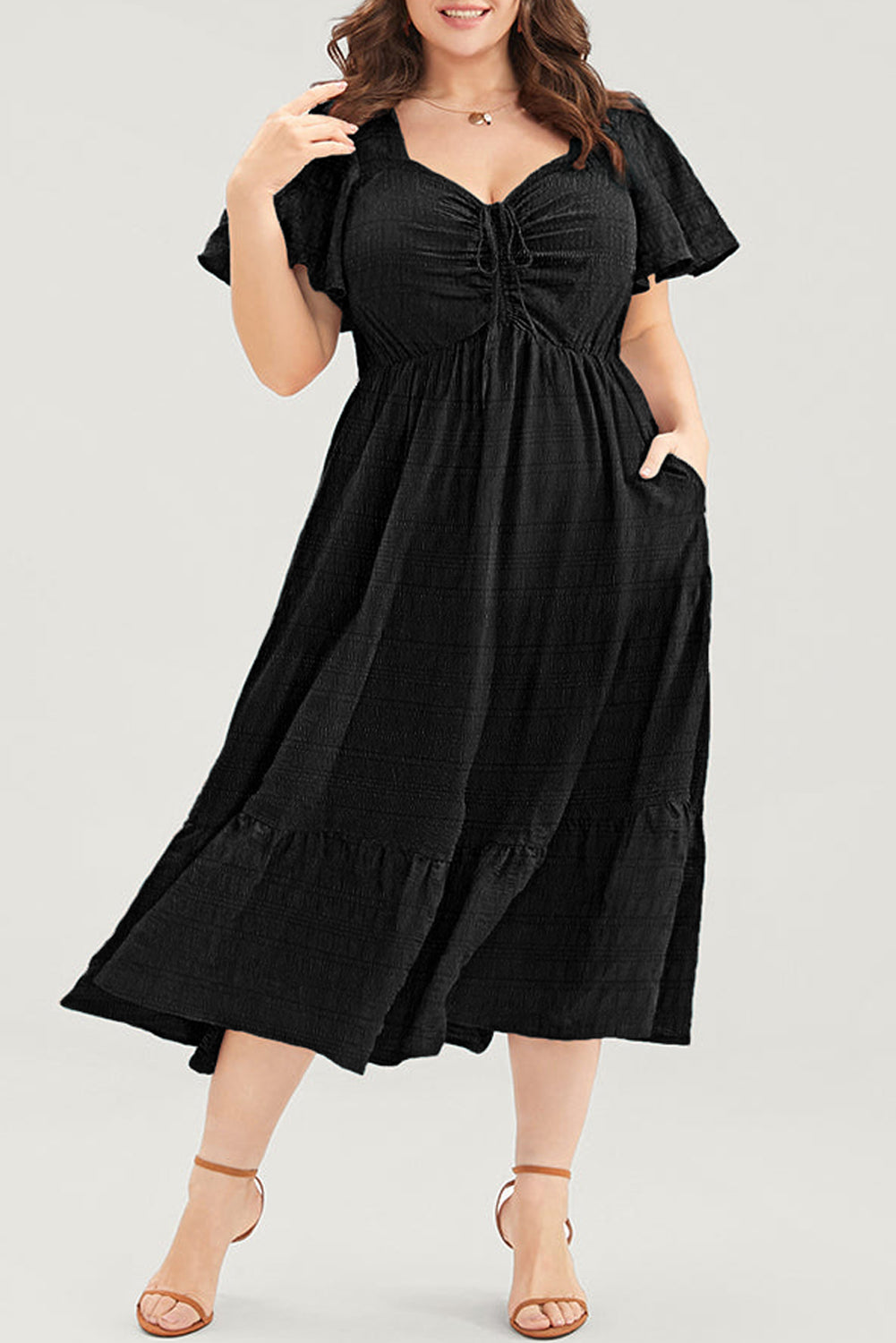 Red Plus Size Short Sleeve Lace-up High Waist Midi Dress