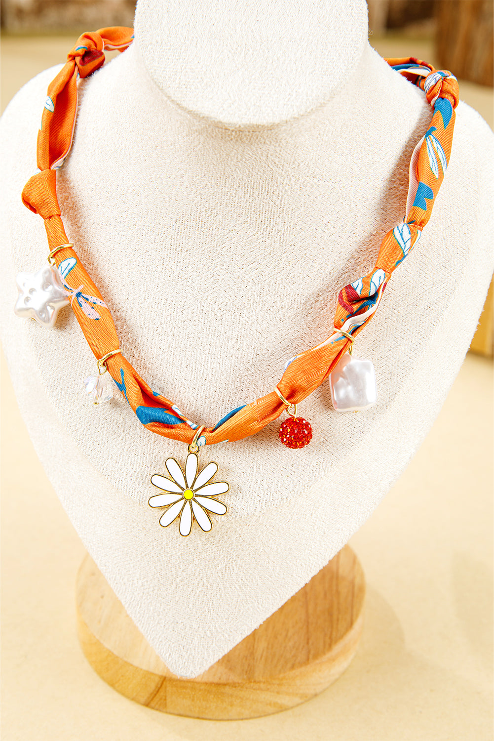 Orange Dragonfly Print Daisy Flower Pearl Crystal Decor Ribbon Necklace
