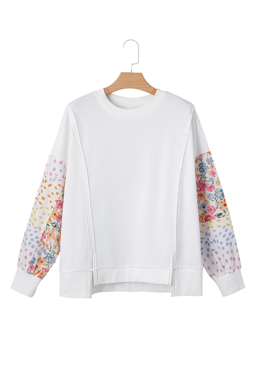 White Plus Size Exposed Seam Detail Contrast Dot Floral Patchwork Sleeve Sweatshirt