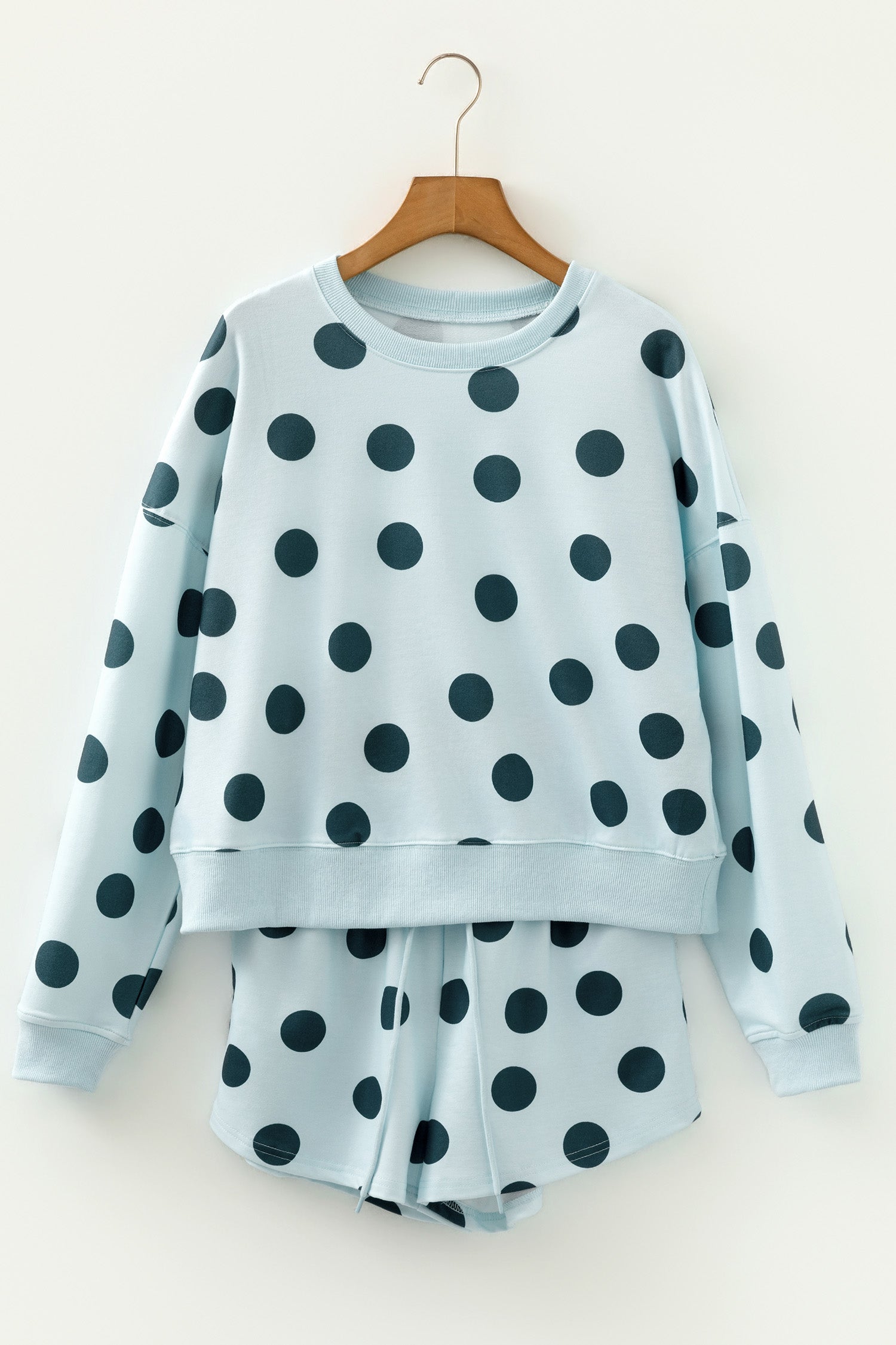 Beige Polka Dot Print Drop Shoulder Pullover Drawstring Jogger Pant Set