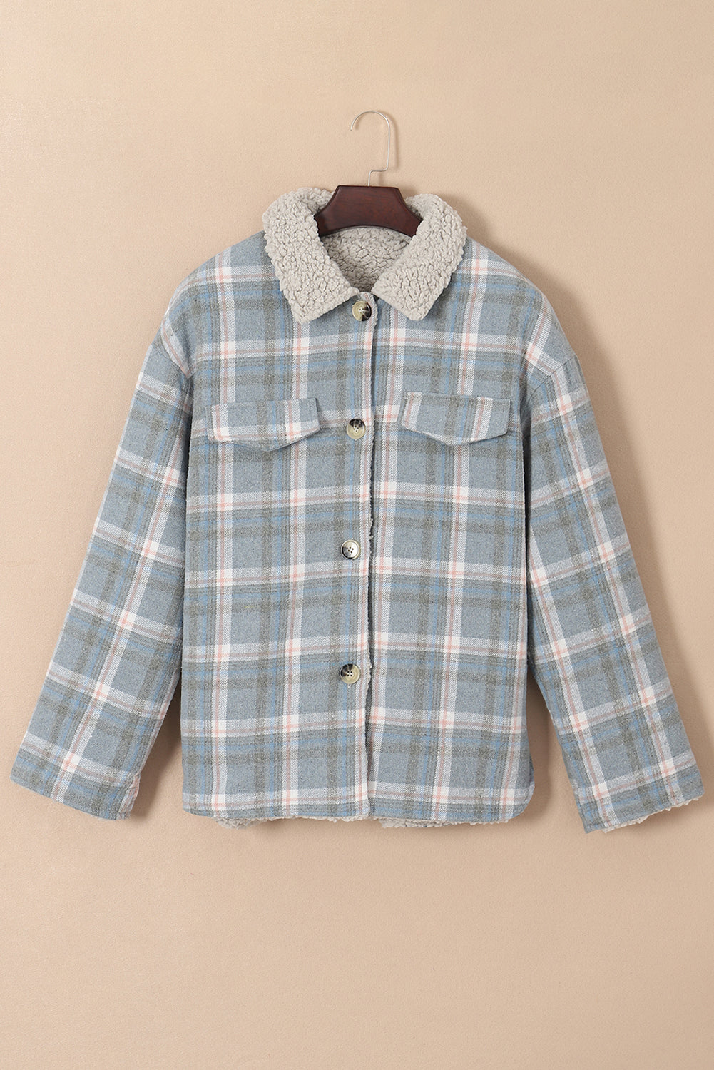 Sky Blue Stripe Sherpa Collar Cuffs Patchwork Plaid Shirt Jacket with Chest Pocket