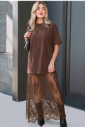Red Sandalwood Floral Patchwork Short Sleeve T Shirt Loose Maxi Dress